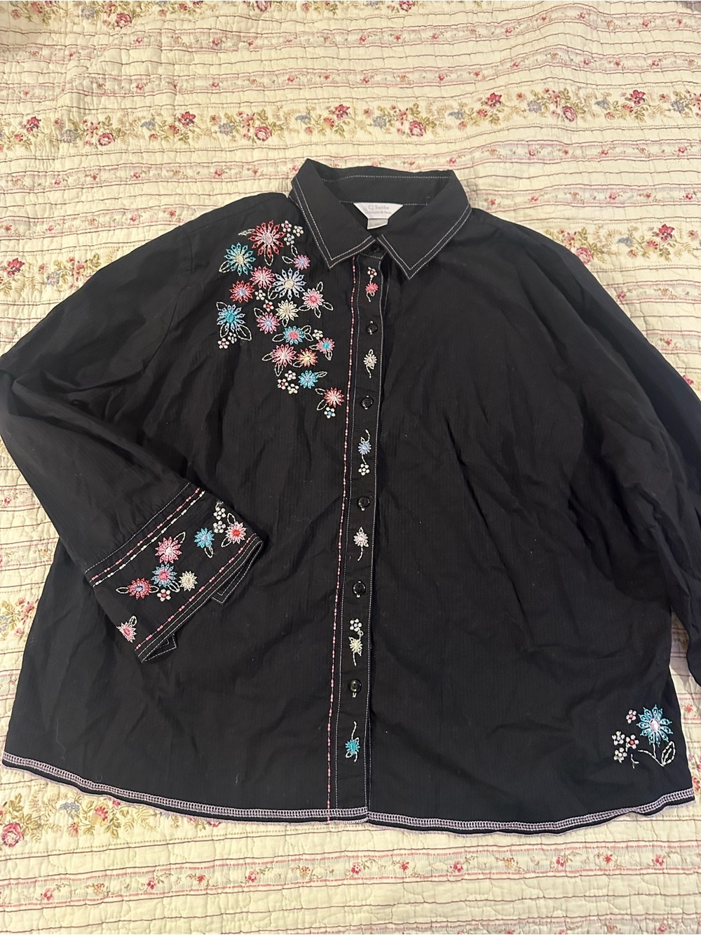 Y2K 90s Retro CJ Banks Black Embroidered Floral Button Down Top Plus Size 2X XXL
